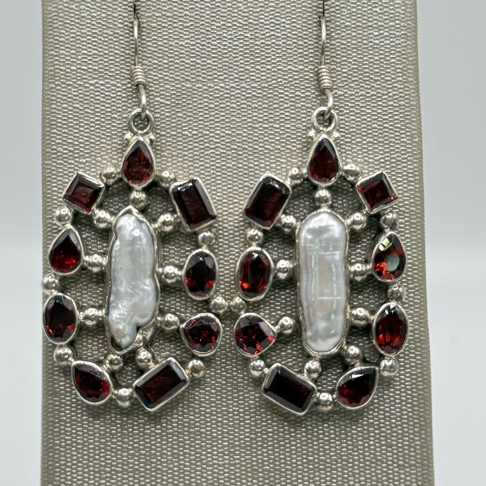 Vintage 925 Sterling Silver Garnet & Baroque Pearl Dangle Earrings 19.46g - Picture 4 of 4